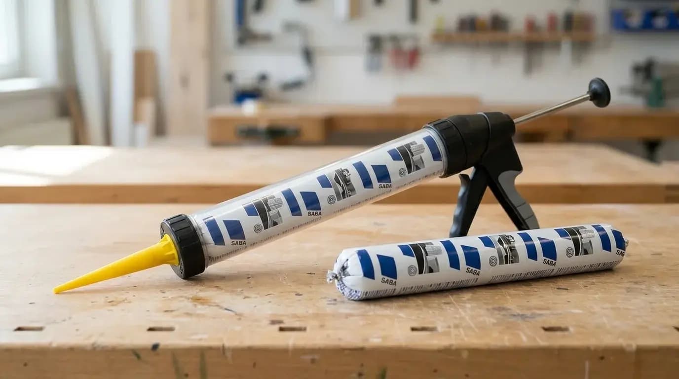 Worstenspuit met een SABA-worst van 600 ml in de doorzichtige loop, met een tweede worst ernaast op een werkbank